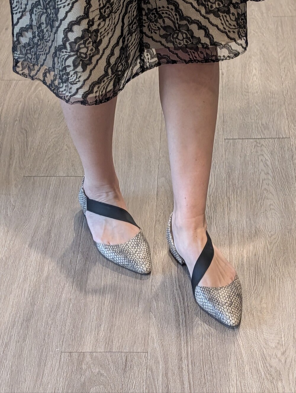 Preston & York Neutral Snake-Print Pointed D'Orsay Flats with Black Cross Strap
